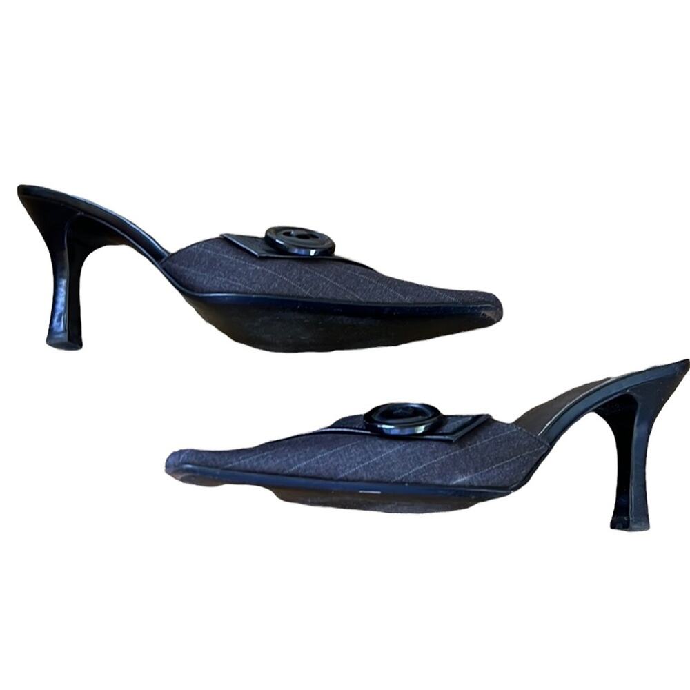 Nolan Belk Black Striped Large Button “Zachary” Fabric Upper Mules